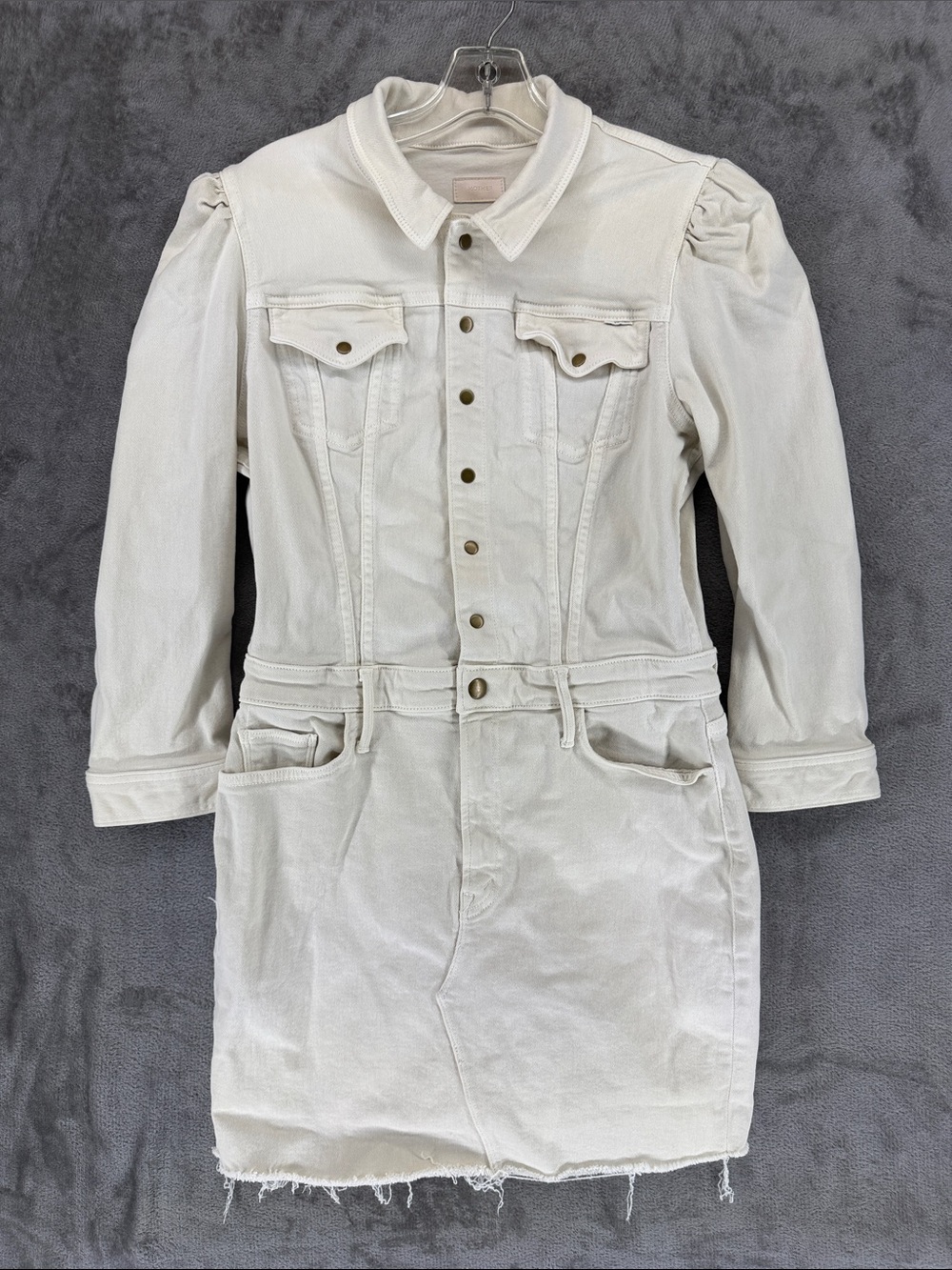 MOTHER The Puffy Bruiser Mini Dress Button Snap White Denim Dress Size‎ L